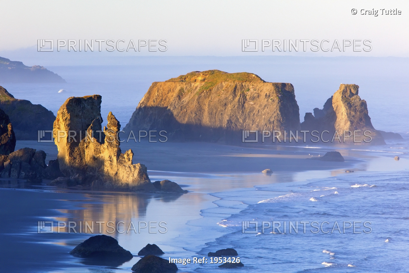 Morning Light Adds Beauty To Fog Covered Rock Formations At Bandon State Park; ...