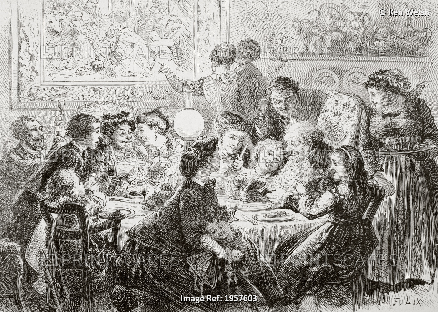 A 19Th Century Family Enjoying A Get Together And Feast On The Day Of The ...