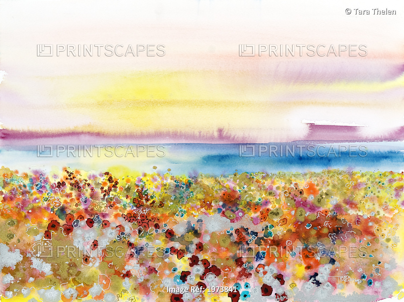 Field Of Joy, Abstract Landscape Of Bejeweled Field Of Flowers (Watercolor ...