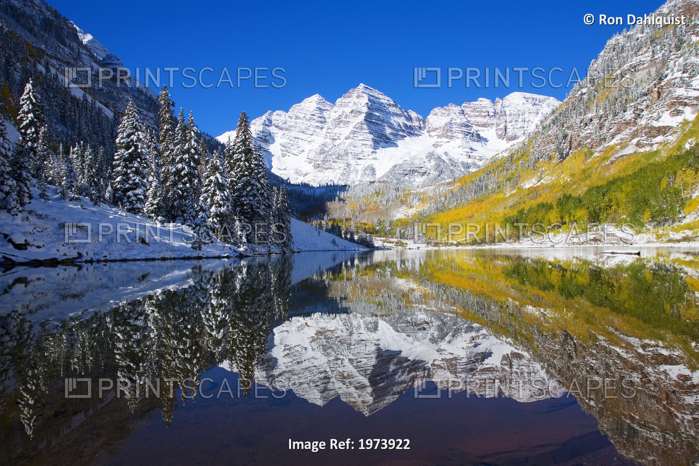 USA, Colorado, Early Snow; Near Aspen, Landscape Of Maroon Lake And Maroon ...