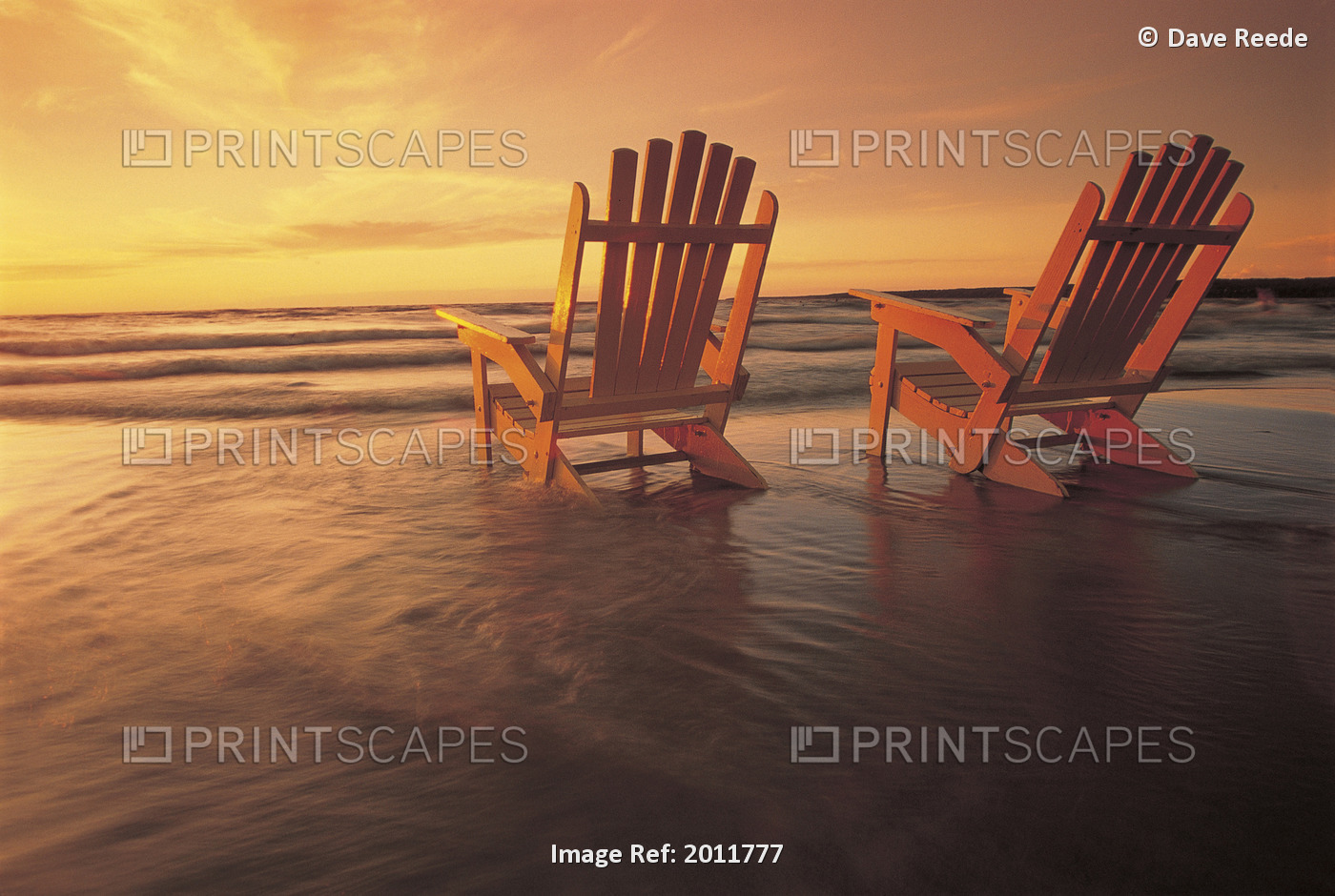 Fl5448, Dave Reede; Two Muskoka Chairs In The Surf At Grand Beach, Manitoba