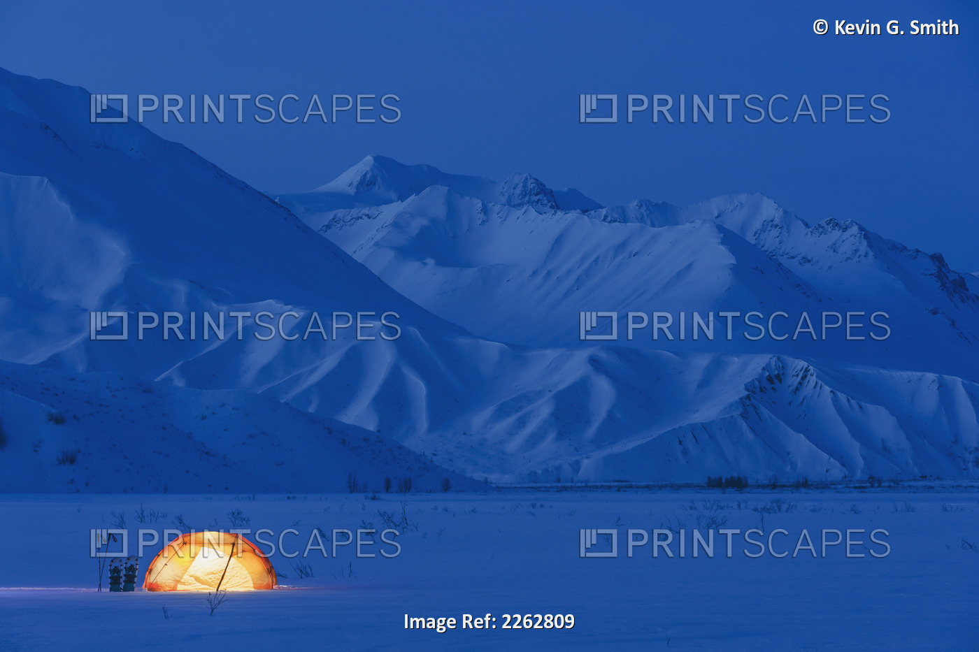 A Backpacking Tent Lit Up At Twilight Alaska Range In The Distance In Winter ...
