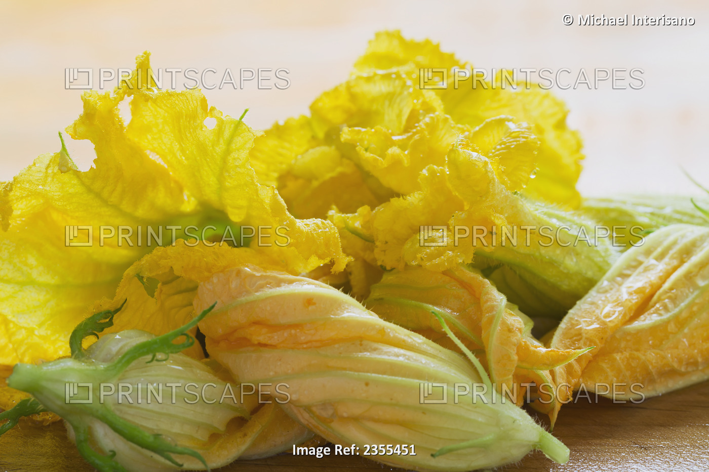 Close Up Of Zucchini Blossoms With Water Drops On Wooden Cutting Board; ...