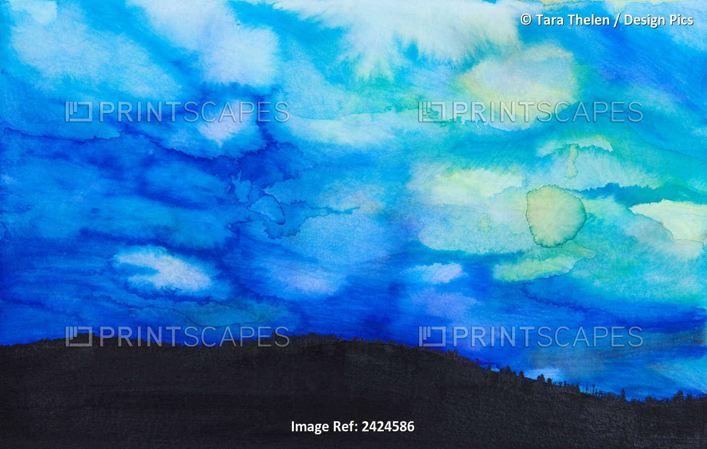 Watercolor Painting Of A Dramatic Sky With Blue Clouds And Silhouette Of A ...