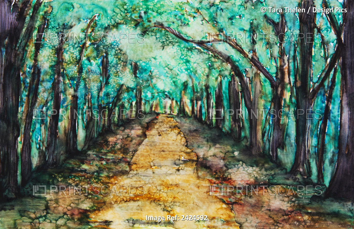Watercolour Painting Of A Path Lined With Trees