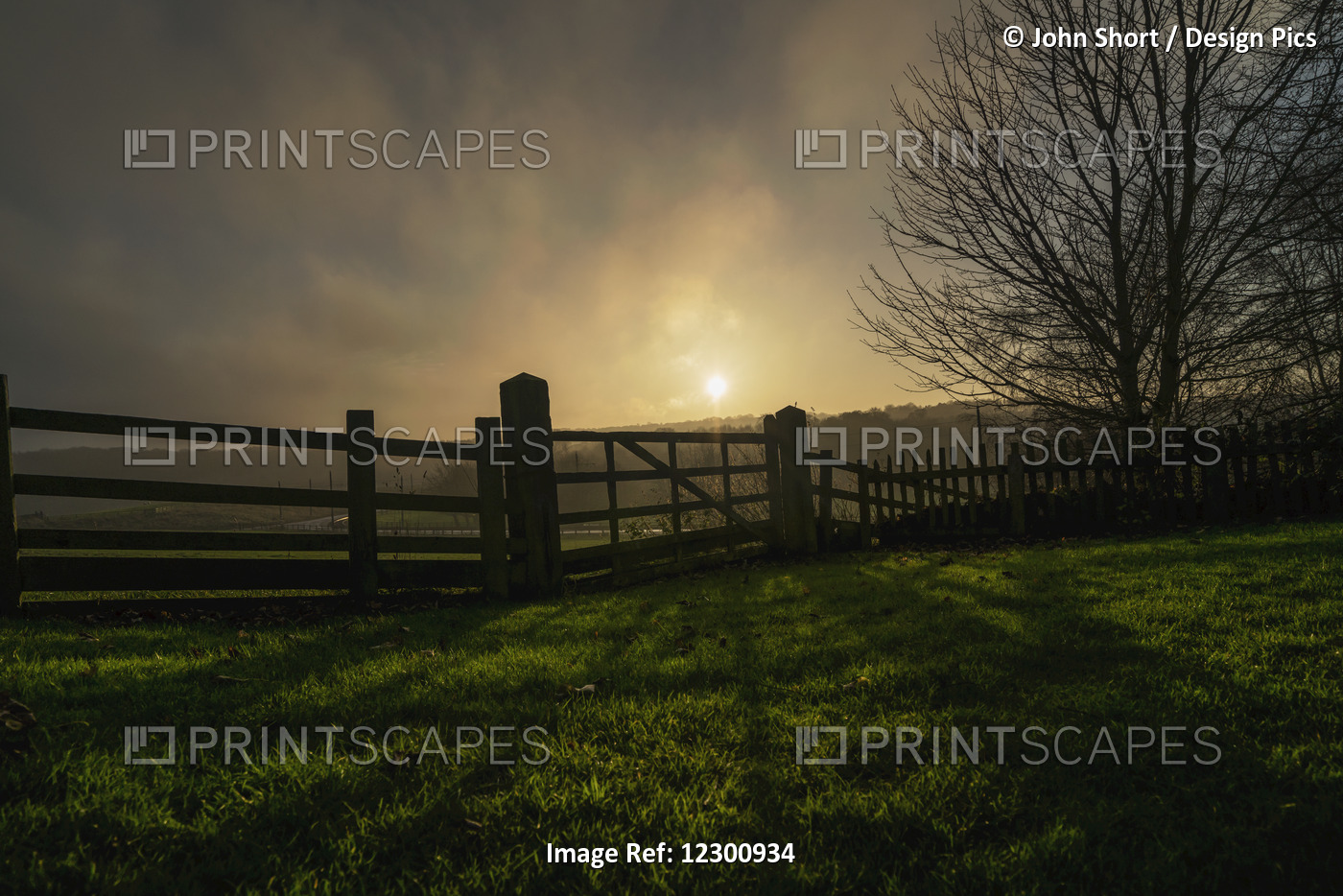 Sunlight Shining Through The Clouds And A Shadow Of A Fence Cast On The Grass; ...