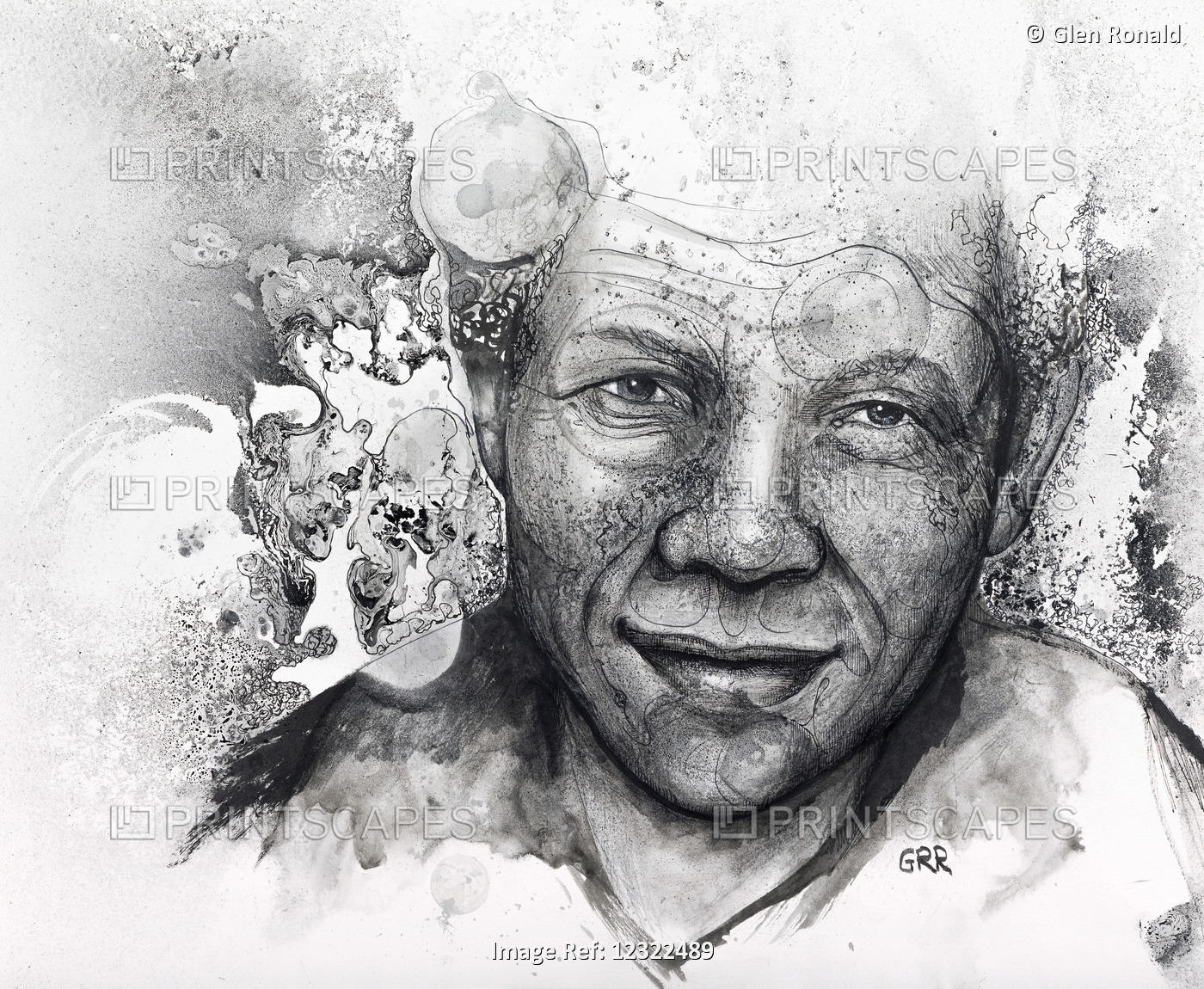 Abstract Portrait of Nelson Mandela, Black and White Artwork