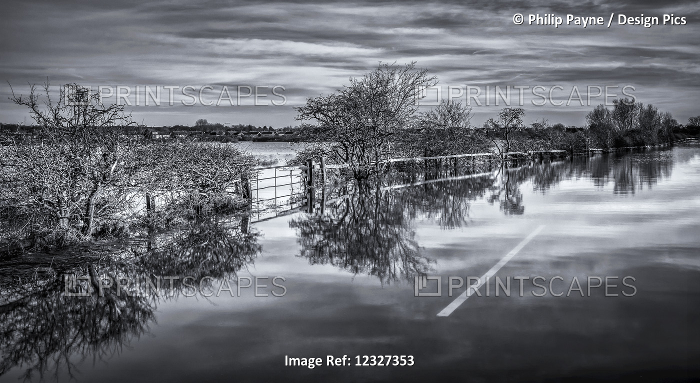 Flooded Roads And Field In Black And White; South Tyneside, Tyne And Wear, ...
