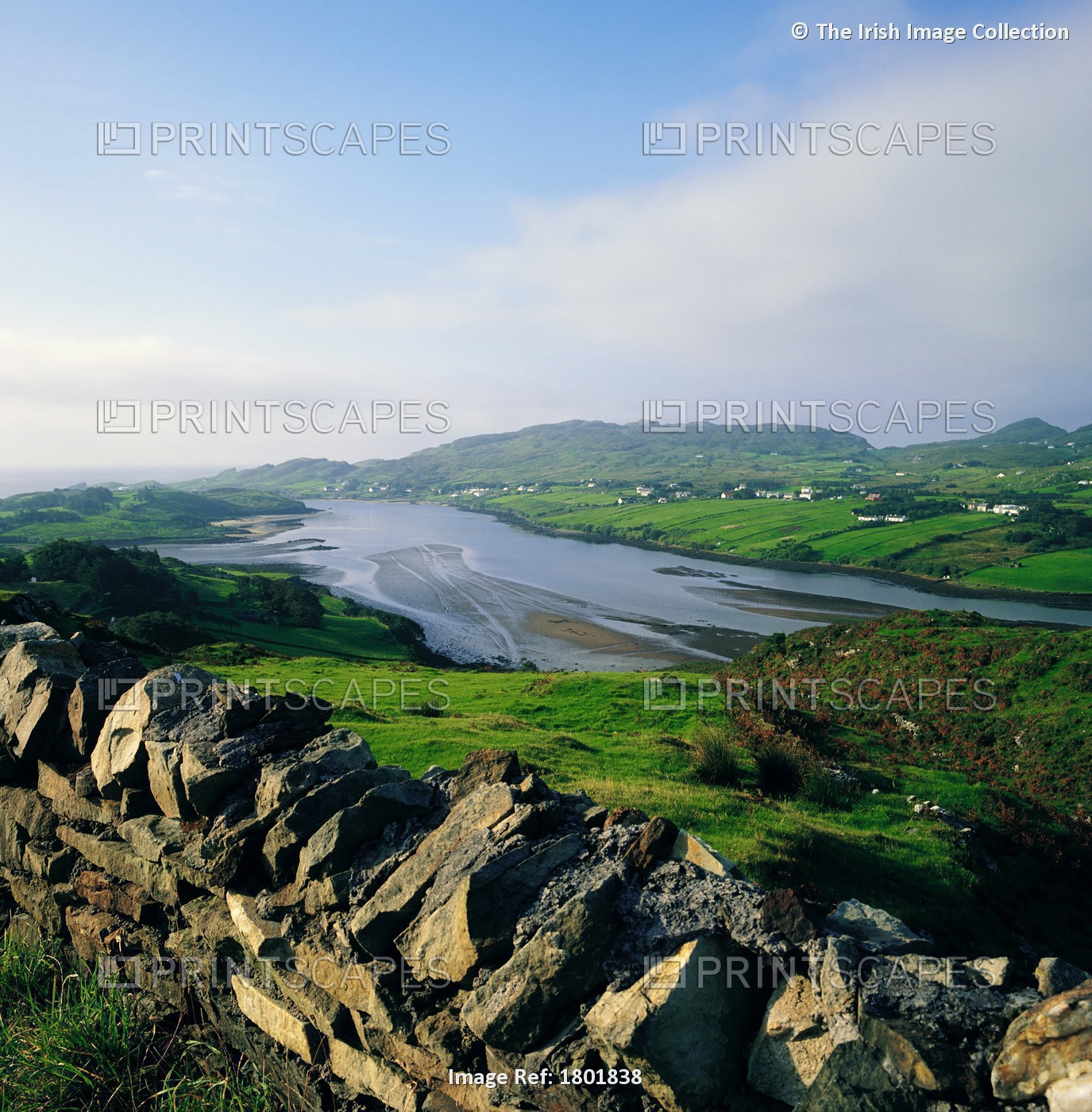 Killybegs, Co Donegal, Ireland; Stone Wall With Landscape And Town Below