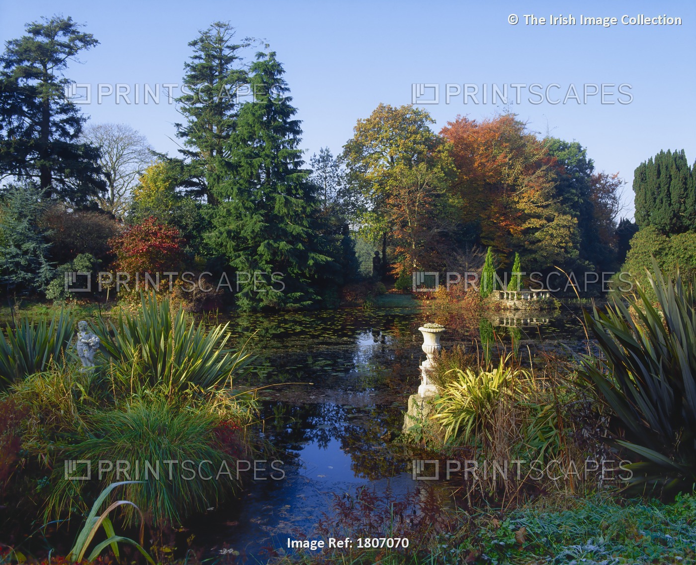 Altamont Garden, Co Carlow, Ireland; Sculptures By The Lake During Autumn