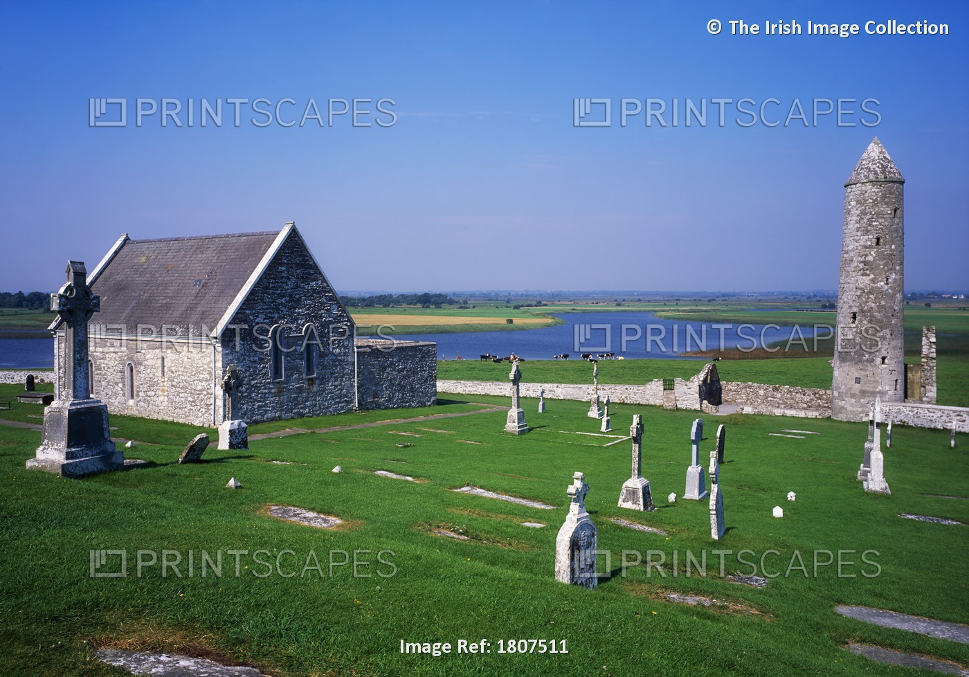 Clonmacnoise, River Shannon, Co Offaly, Ireland; Romanesque Church And Round ...