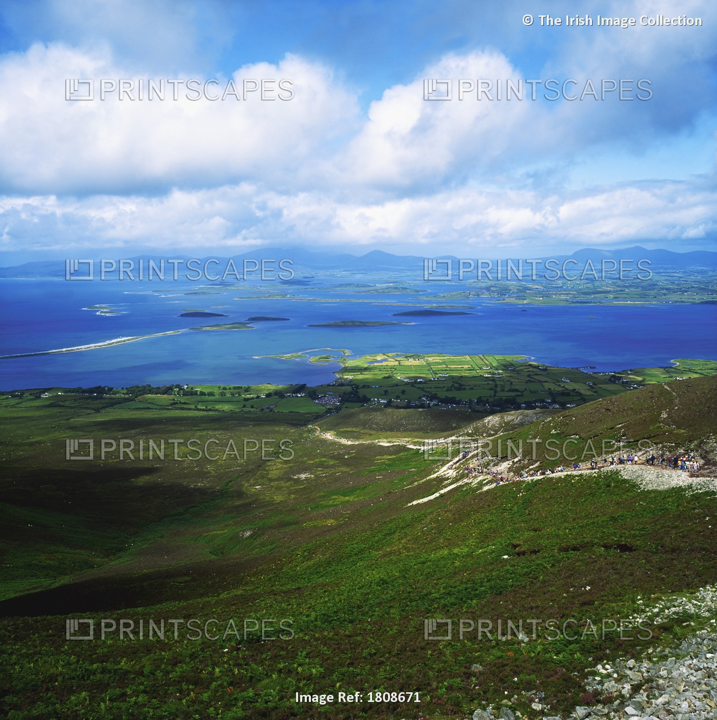 Croagh Patrick, Co Mayo, Ireland; People On A Pilgrimage With Clew Bay In The ...