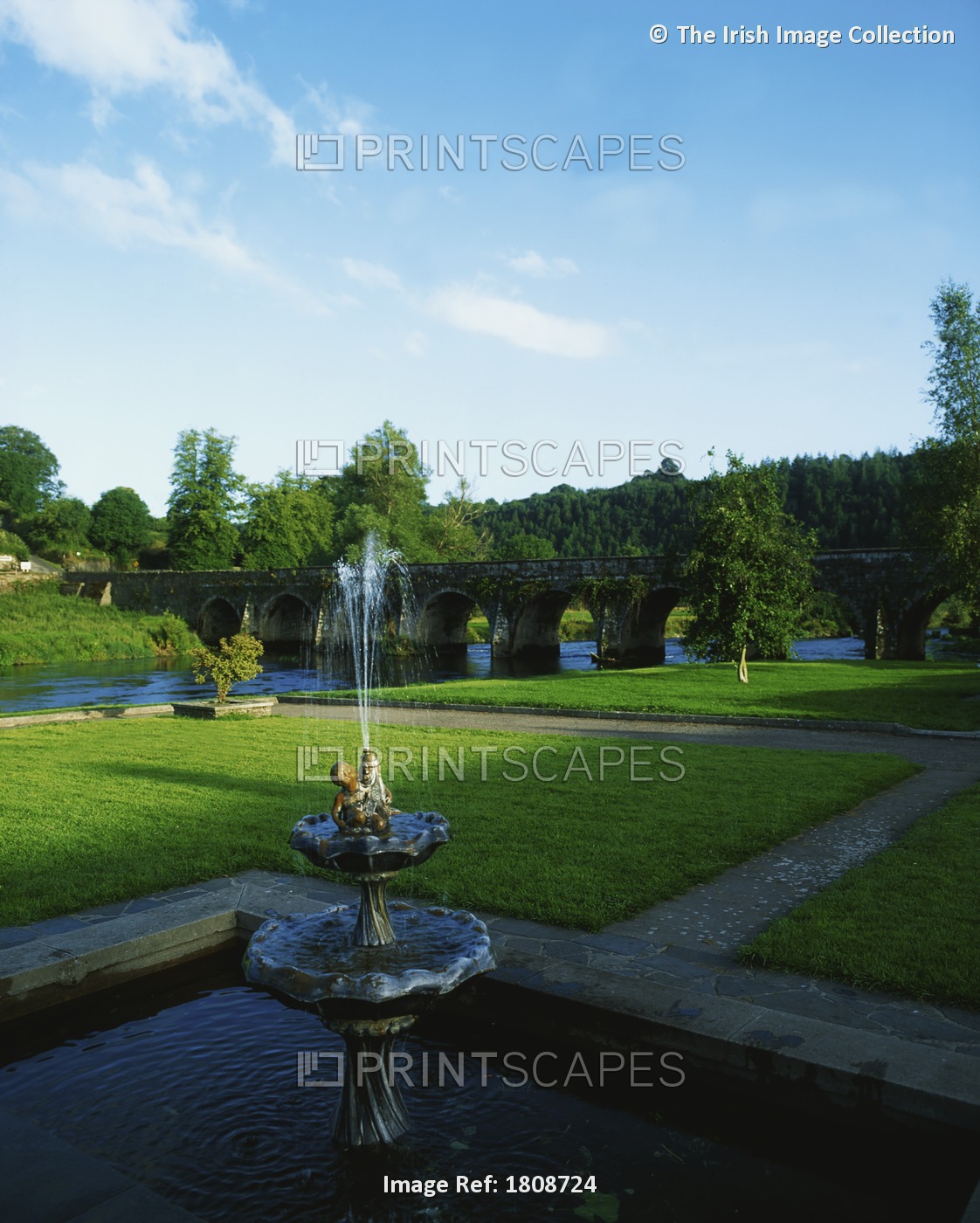Inistioge, Co Kilkenny, Ireland; Fountain With Bridge Over A River In The ...