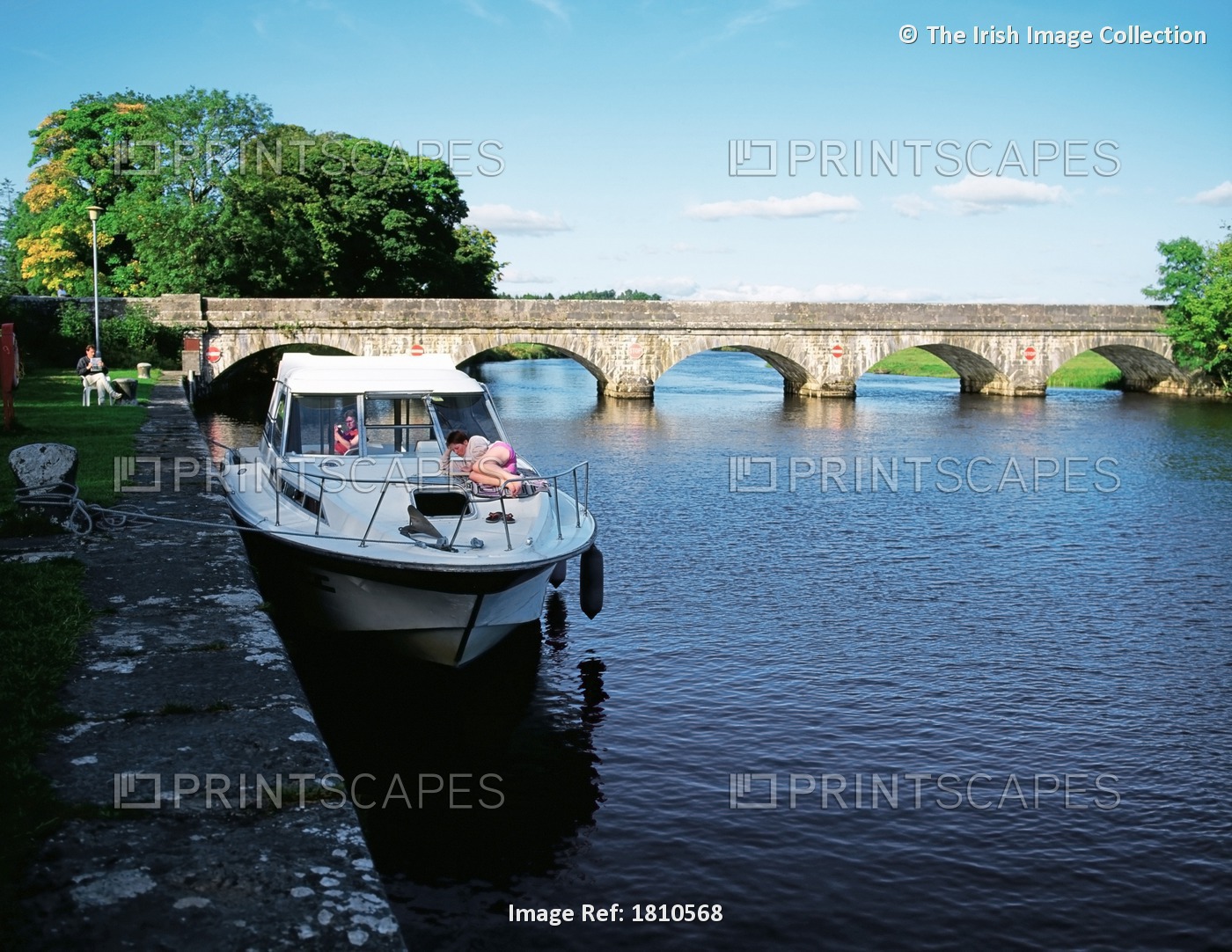 Drumsna, River Shannon, Co Leitrim, Ireland; Boat And Bridge On A River