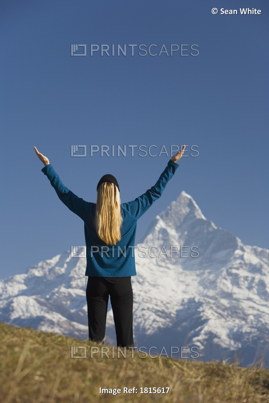 A Woman In Awe; Mount Machapuchare, Fishtail Mountain, Pokhara, Nepa