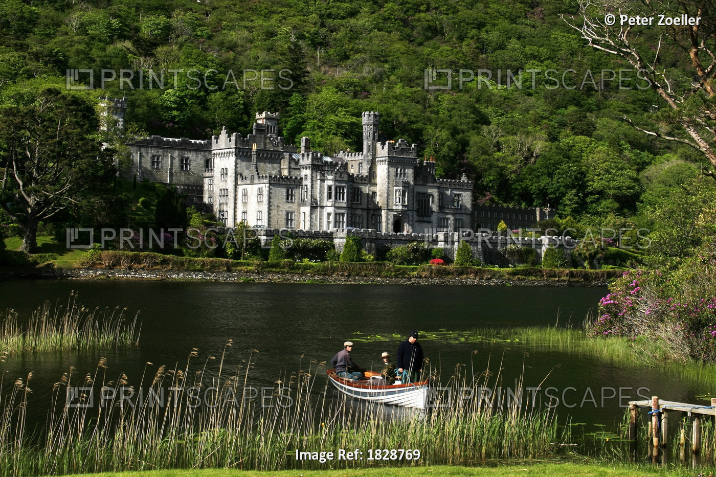Kylemore Abbey, Connemara, County Galway, Ireland; People In Boat In Front Of ...