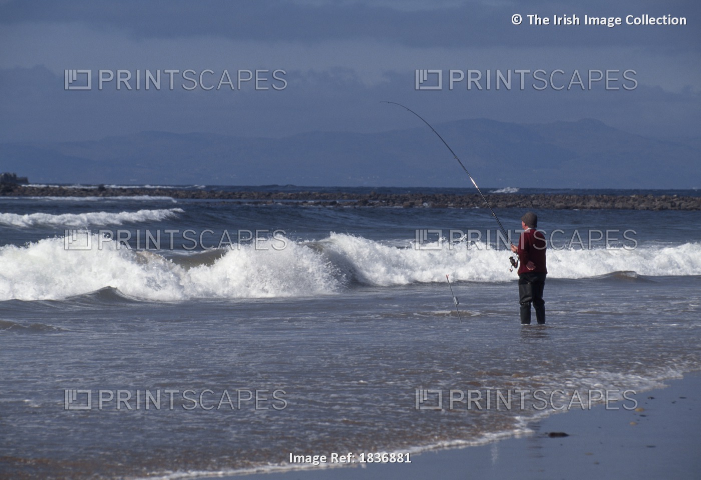 Co Sligo,Ireland; Man Fishing At The Beach