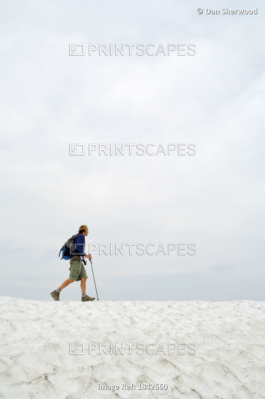 Eagle Cap Wilderness, Oregon, Usa; Hiker On Trail Covered In Summer Snow