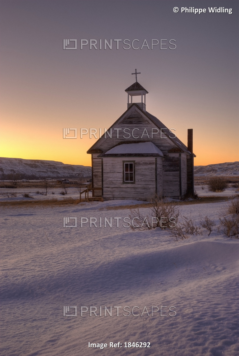 Drumheller, Alberta, Canada; Exterior Of Small Chapel In Winter Sunset