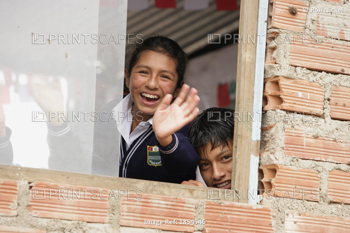 Children Waving From Window, Lima, Peru