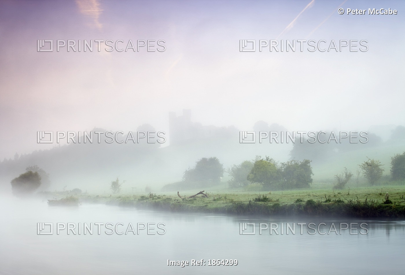 Dunmoe Castle Seen Through The Mist On The River Boyne, County Meath, Ireland