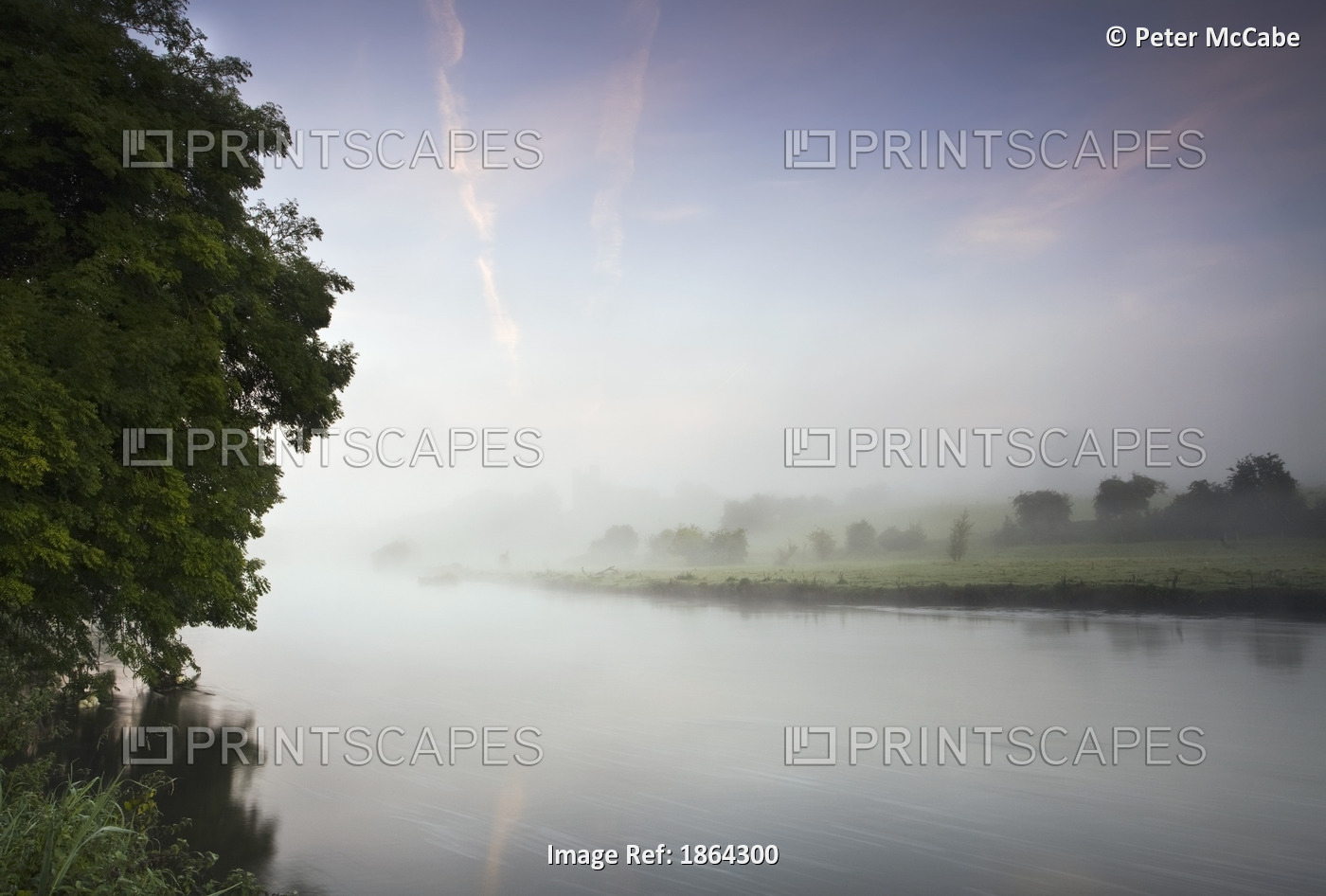 Morning Mist Along The Banks Of The River Boyne, Boyne Valley, County Meath, ...