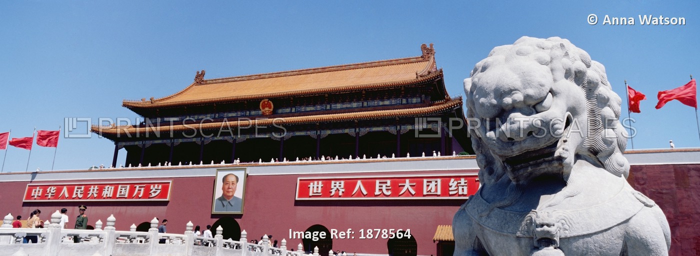 Stone Lion Statue And Portrait Of Mao On Tiamanmen