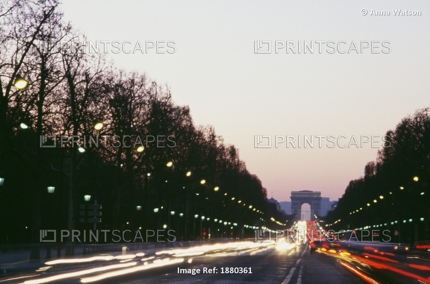 Arc De Triomphe And The Ave Des Champs Elysees At Dusk, Paris