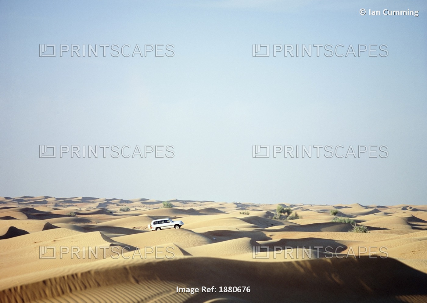 Jeep Driving Across Dunes At Dusk Near Dubai