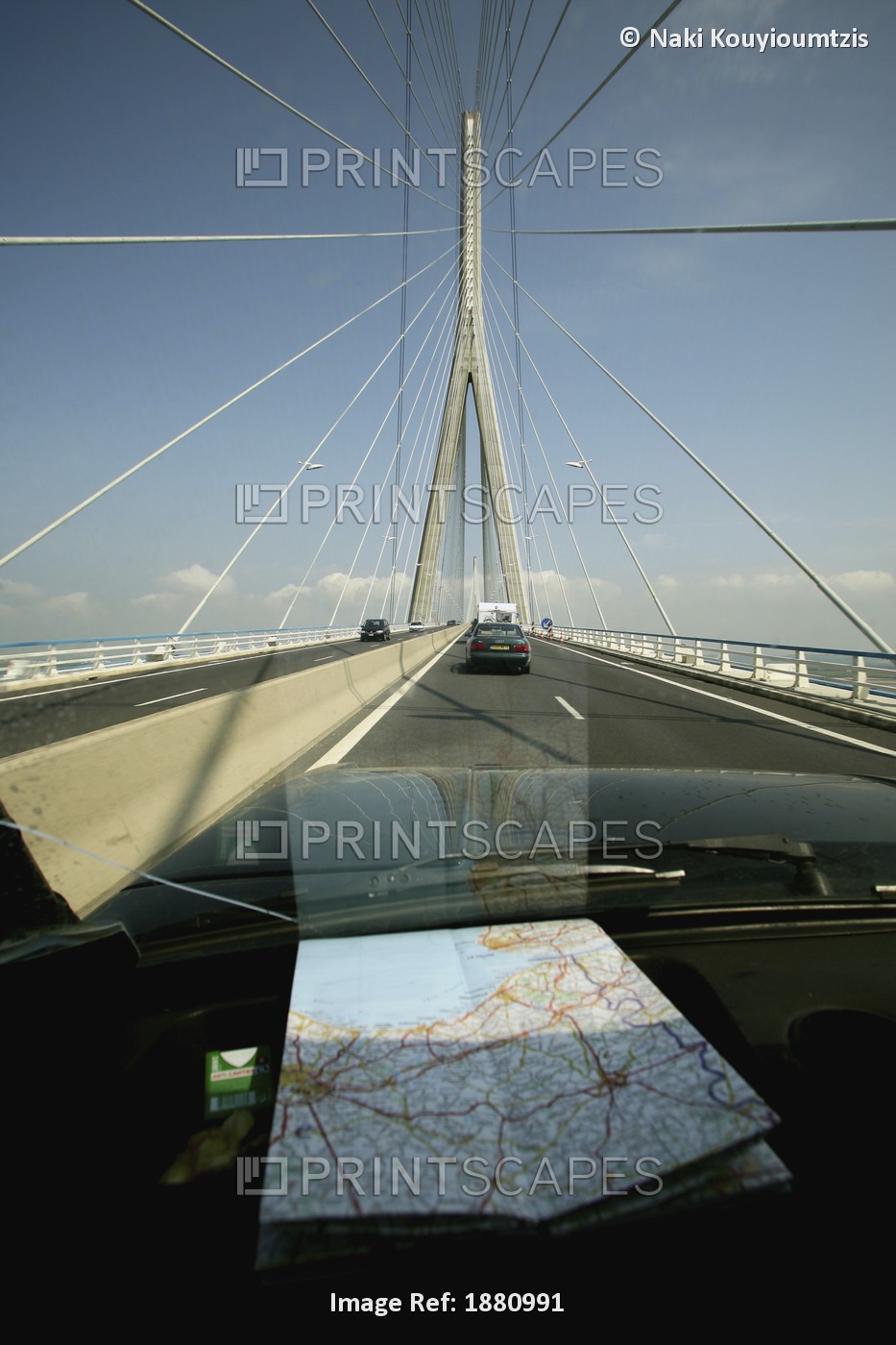 France, Normandy Bridge; Normandy, Car Crossing Modern Bridge With French Map ...