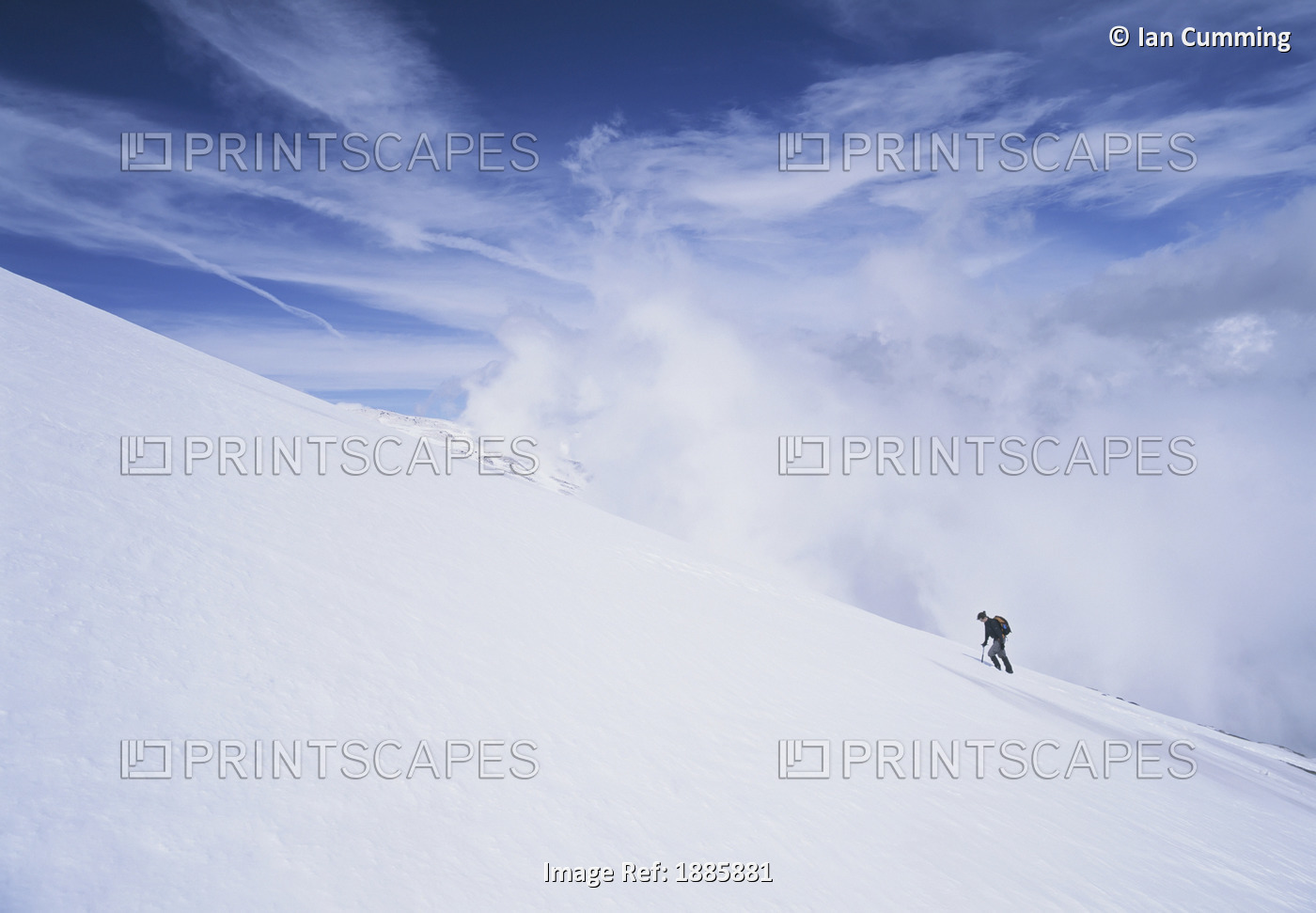Woman Walking Up Snowy Slope In The Sierra Nevada Mountains