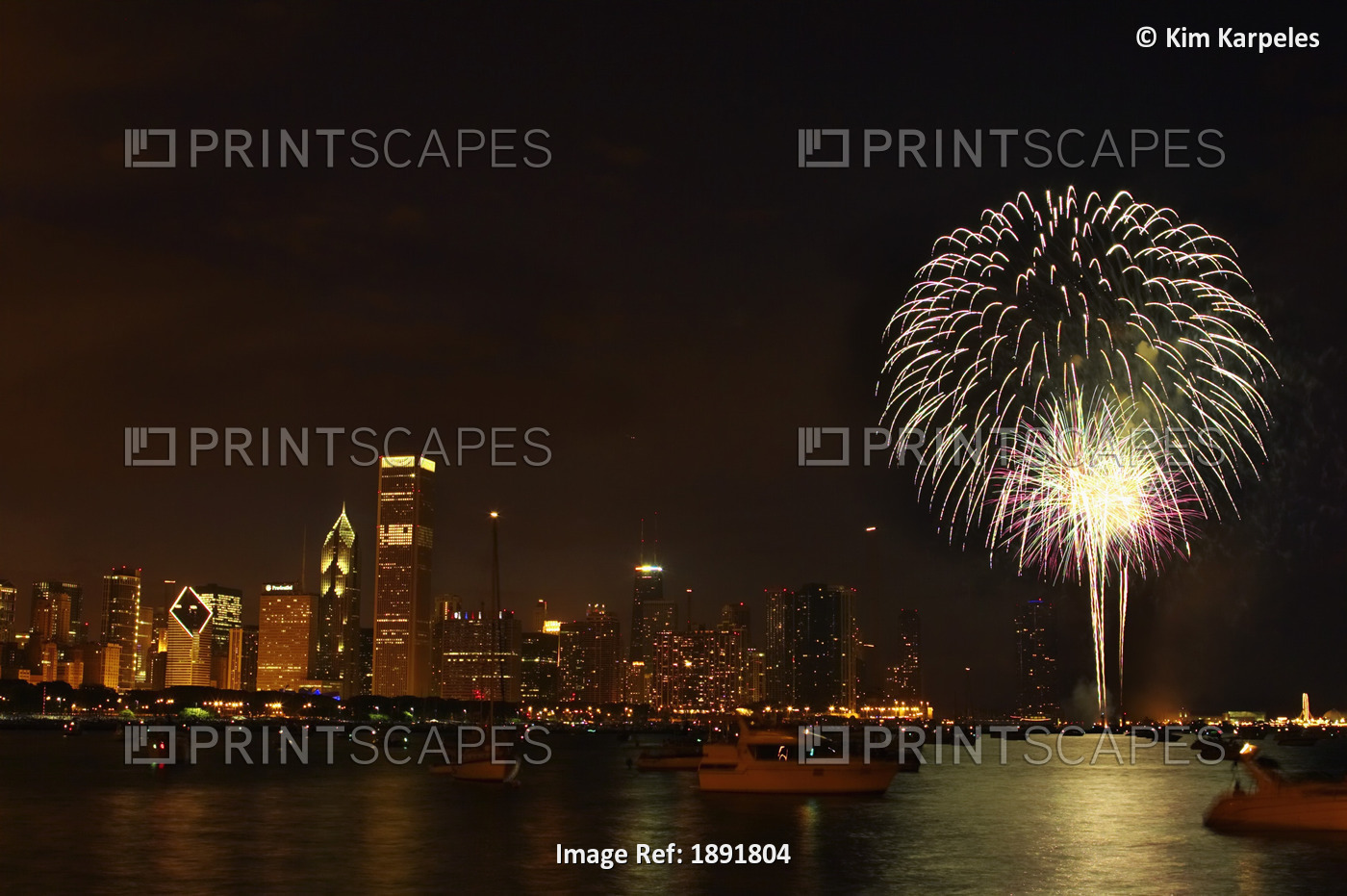 Fireworks Against Chicago Skyline At Night