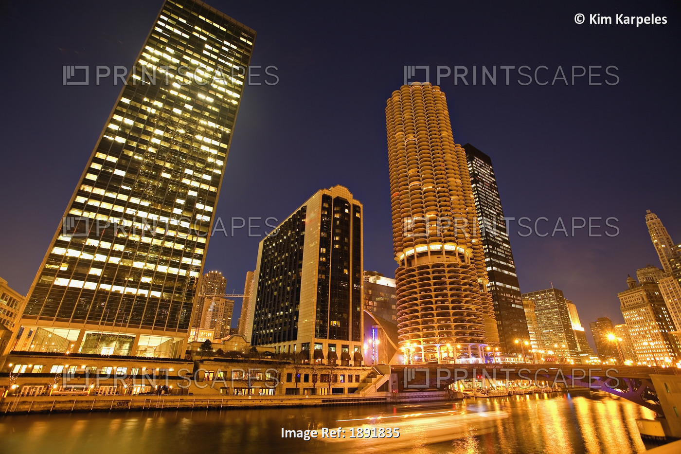Skyscrapers Along Chicago River At Night