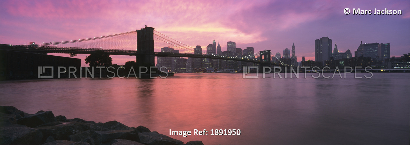 Sunset Over Lower Manhattan And Brooklyn Bridge