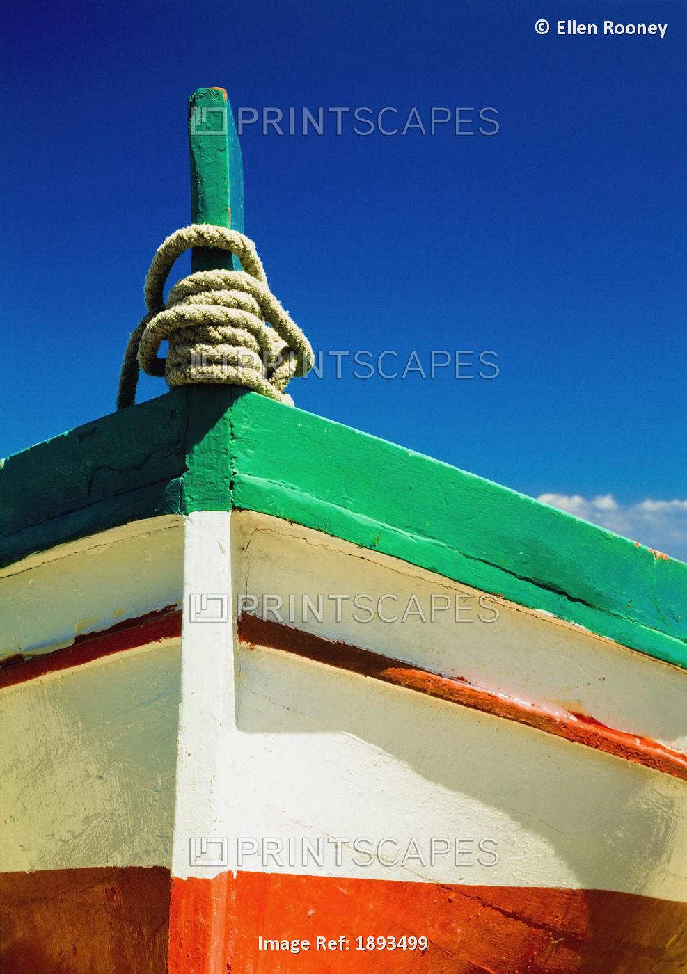 Close Up Of Bow Of Fishing Boat Painted With Italian Colors