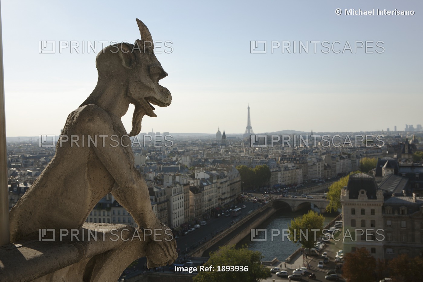Gargoyle Overlooking Paris With The Seine River And The Eiffel Tower In The ...