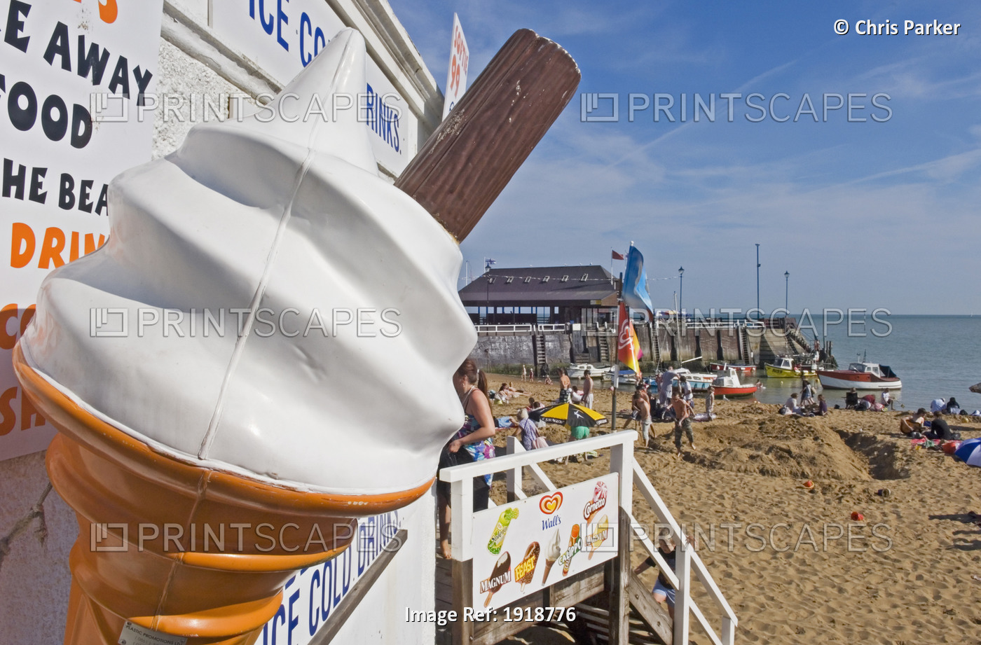 A Giant Ice-Cream Outside An Ice-Cream Stall On Broadstairs Beach, Kent, ...