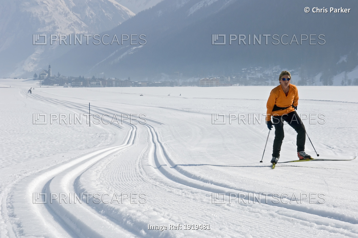 Woman Cross Country Skiing, Obergesteln, Goms Valley, Switzerland