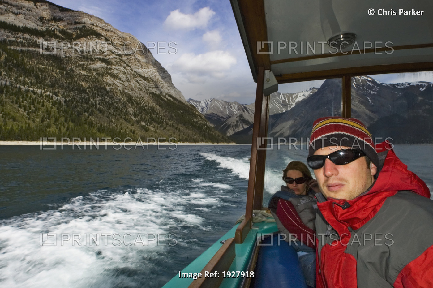 People On A Boat Tour On Lake Minnewanka, Banff National Park, Alberta, Canada
