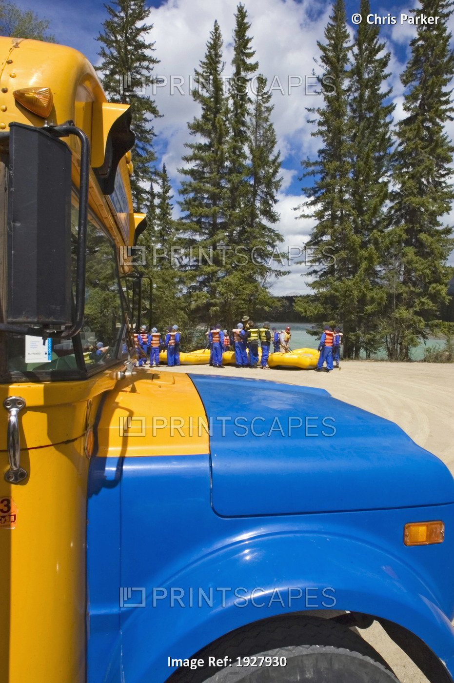 Hood Of School Bus On Rural Parking Lot, Athabasca River, Jasper National Park, ...