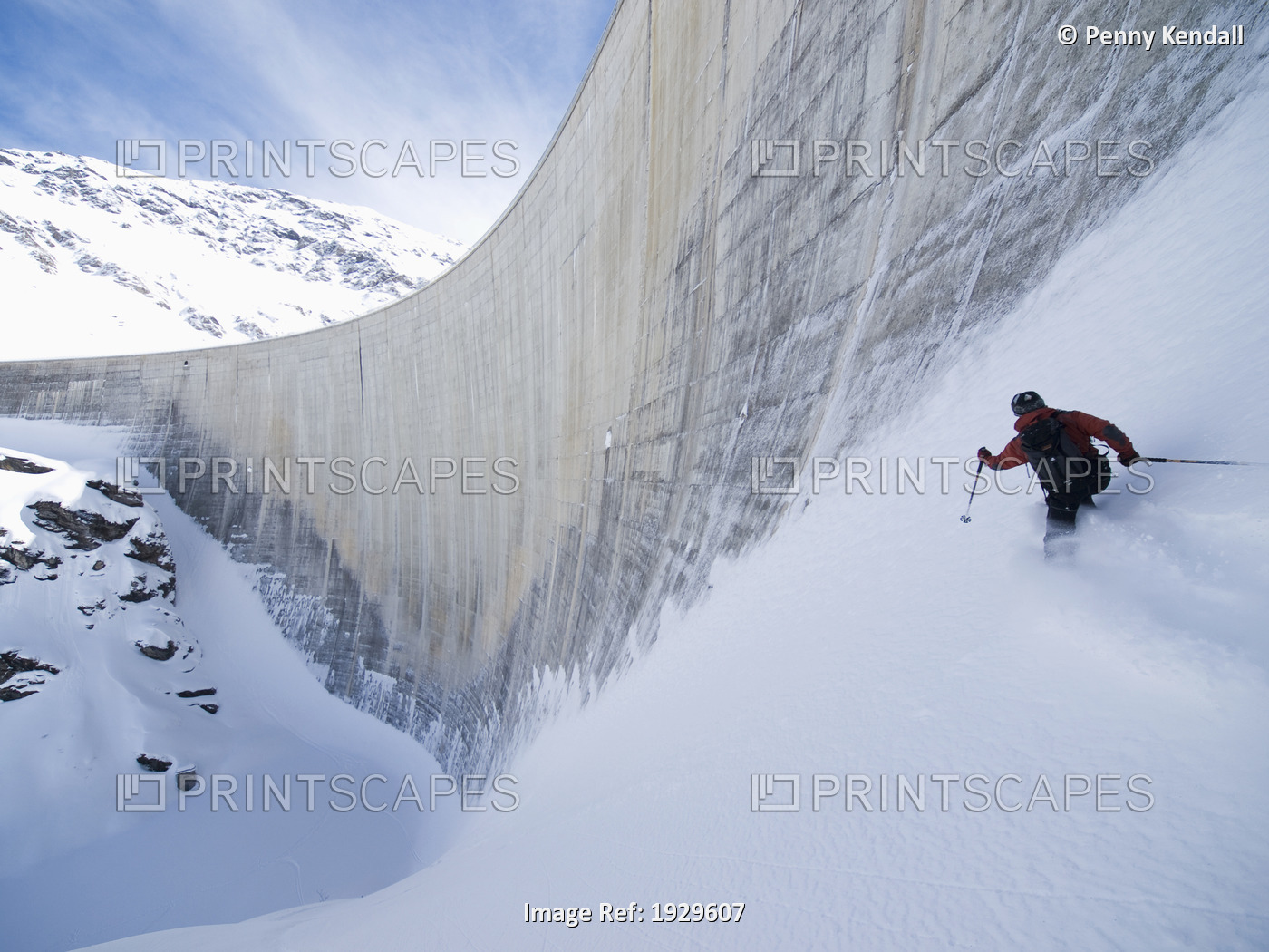 Skiing off piste down the side of the Moiry Dam. Grimentz, Zinal, Val ...