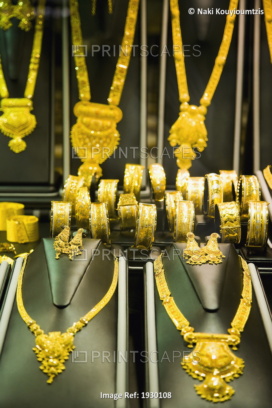 UAE, Al Ras Gold Souk; Dubai, Rings and necklaces in Jeweler Shop