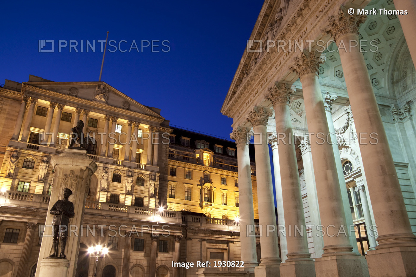 Low angle view of the Bank Of England and the Royal Exchange, City of London, ...