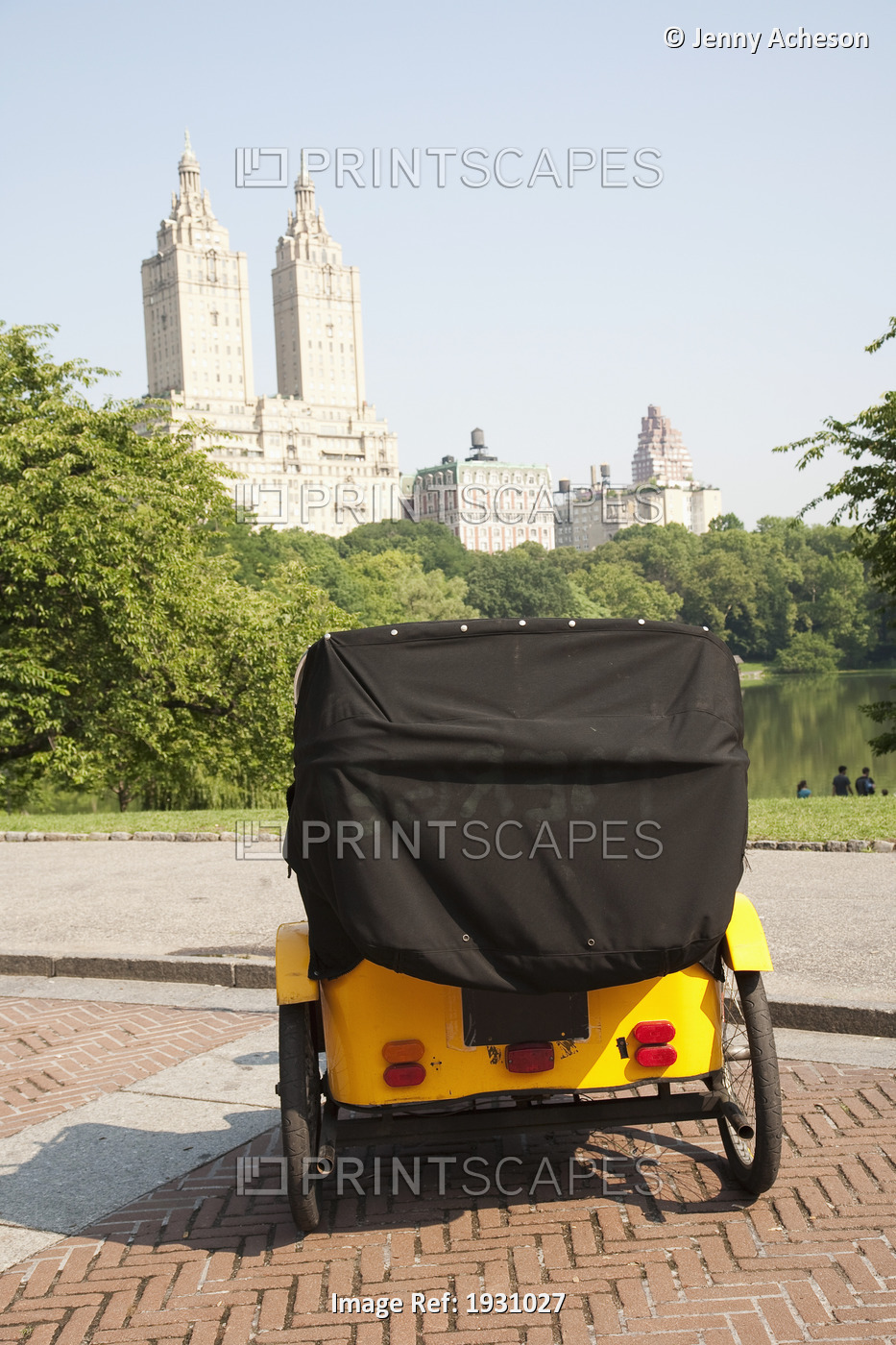 Pedicab Overlooking Water In Central Park With Skyline, New York, Usa; New ...