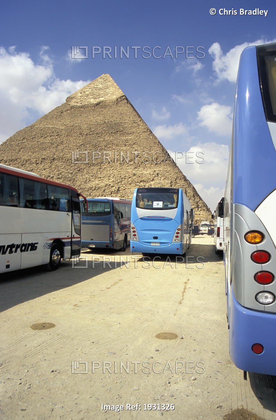 Coaches Parked At Chephren Pyramid, Giza, Egypt; Giza, Egypt &#13;&#10