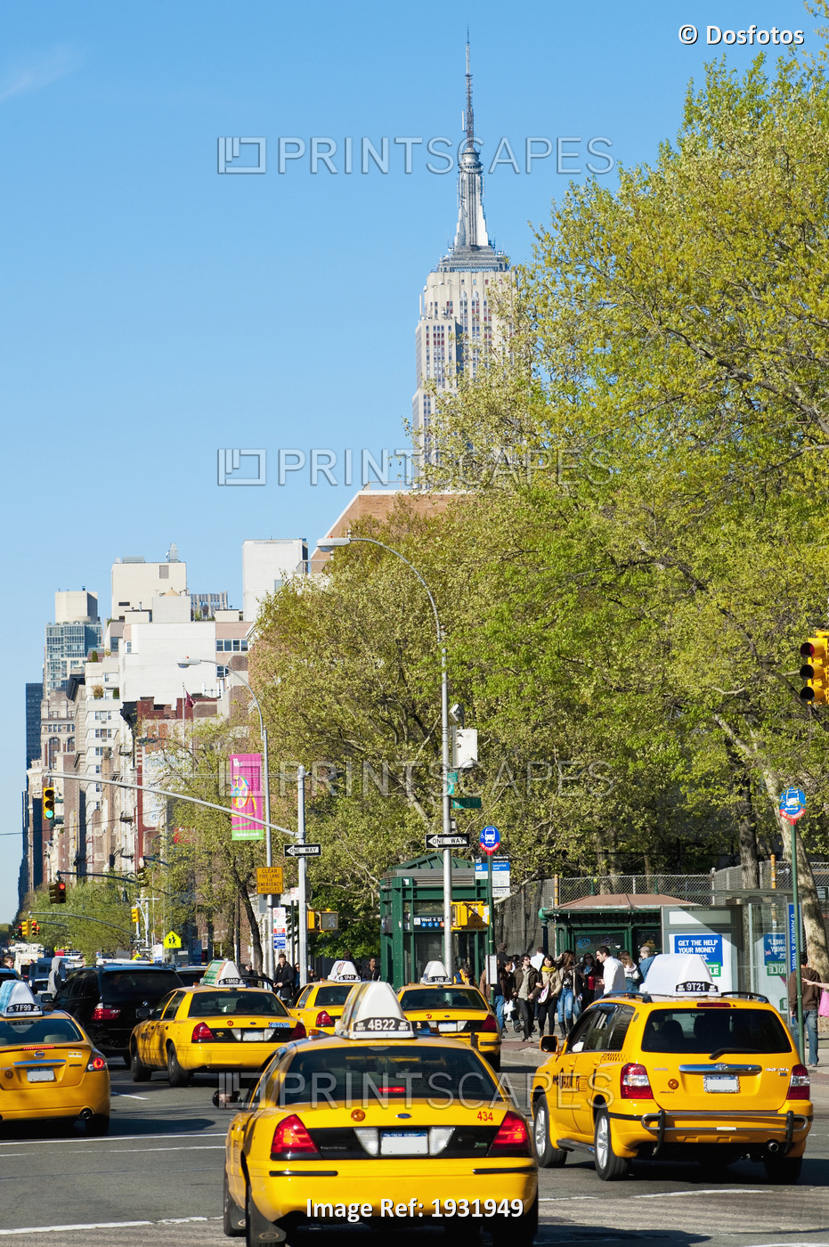 Taxis And Views Of The Empire State Building From The West Village, Manhattan, ...