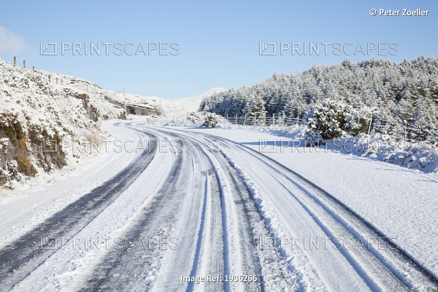 A Snow Covered Road In Winter; Tahilla County Kerry Ireland