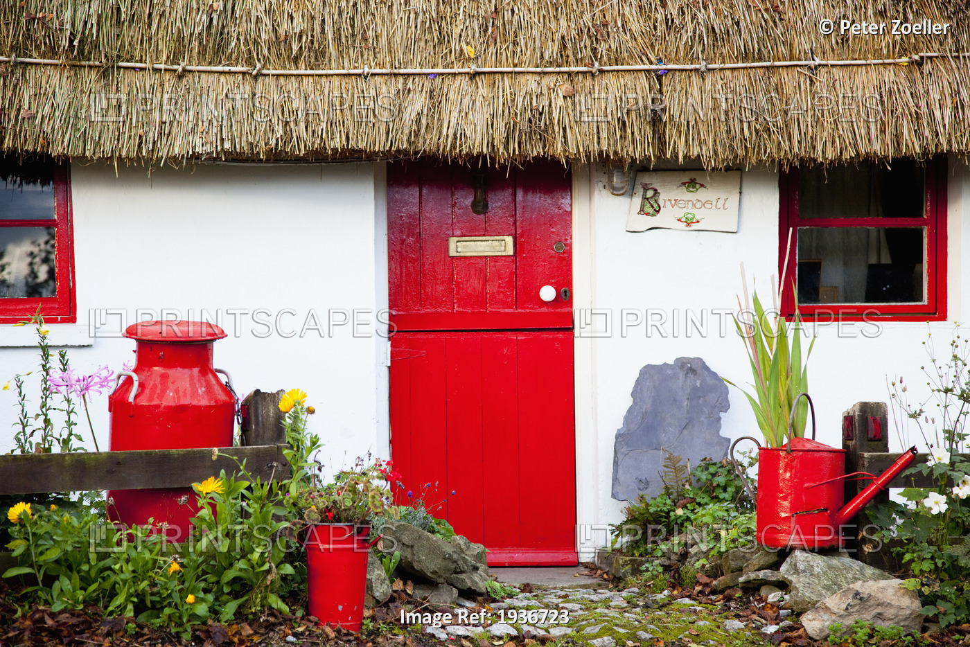 Traditional Irish Cottage With A Red Door And Red Decorative Items; Currabinny ...