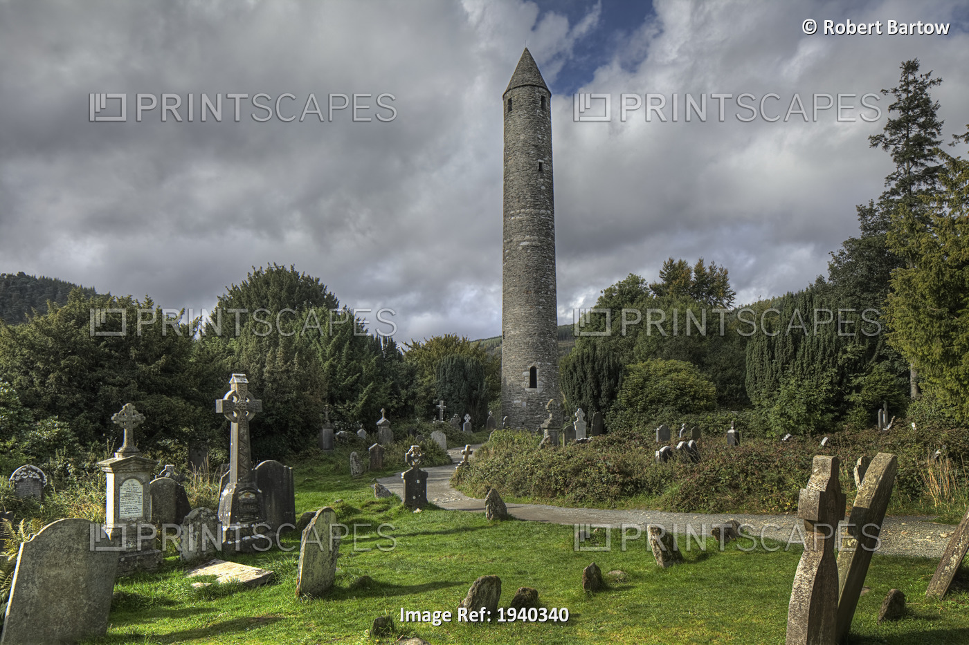Round Tower In A Graveyard; Glendalough County Wicklow Ireland