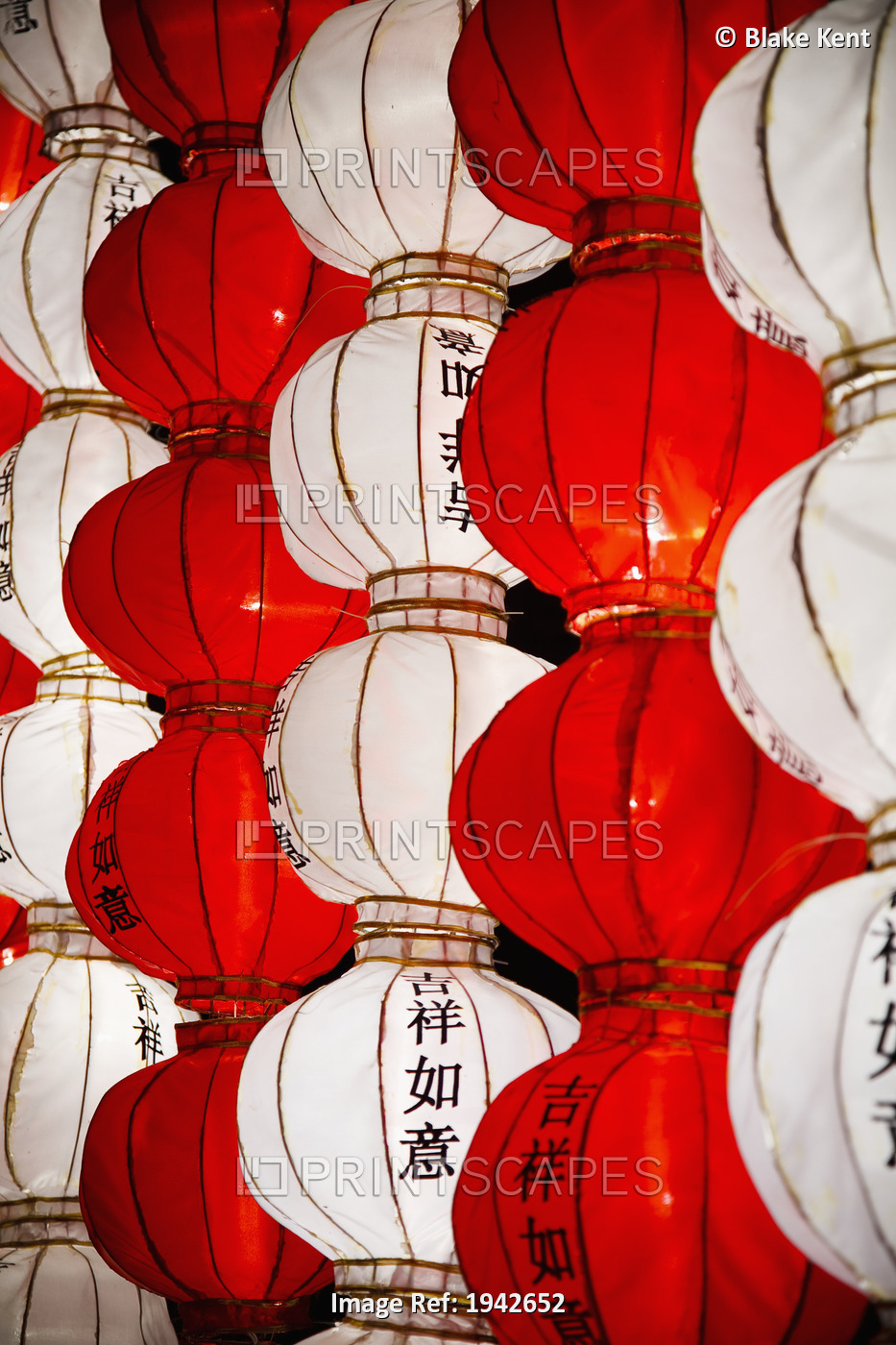 Red And White Chinese Lanterns With 'Good Luck' In The Chinese Language; ...